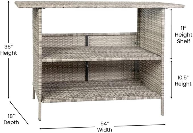 Afuera Living Wicker Rattan Patio Bar Counter Table, 54" W x 18" D x 36" H, Gray Finish, Indoor/Outdoor UV-Resistant All-Weather Metal Frame with Two Shelves, Counter Height for Barstools