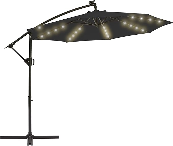 wikiwiki 10ft Solar LED Offset Hanging Market Cantilever Patio Umbrella for Backyard, Poolside, Lawn and Garden, Easy Tilt Adjustment, Polyester Shade & Cross Base, Carbon