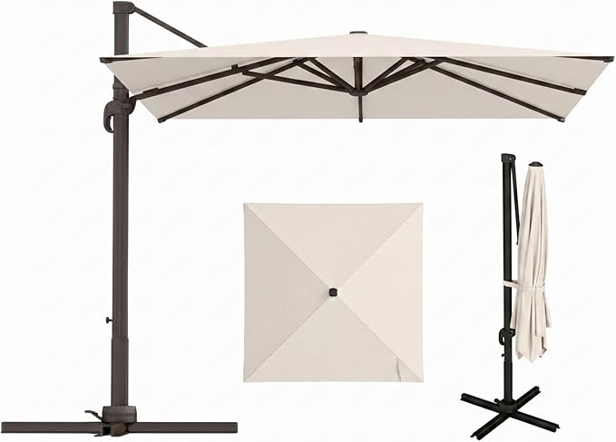10'×10' Patio Umbrella, Aluminum Cantilever Umbrella with 360°Rotation, Offset Patio Umbrella with Easy Tilt & Fade Resistance for Pool Deck Garden Backyard, Beige (Base not Included)