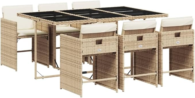 7 Piece Patio Dining Set with Cushions Beige Poly Rattan Outdoor Furniture Table and 6 Folding Chairs with Tempered Glass Top and Removable Covers for Garden Backyard Relaxation