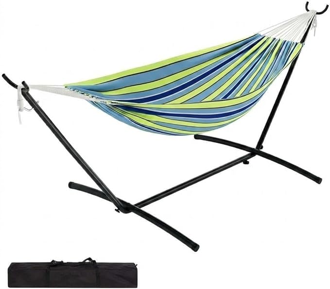 Double Hammock with Stand, 2 Person Heavy Duty Outdoor Hammock – 450IB Capacity, Portable Hammock with 9FT Steel Stand & Carrying Case, Adjustable Hammock Bed for Backyard,Camping,Beach,Teal Green
