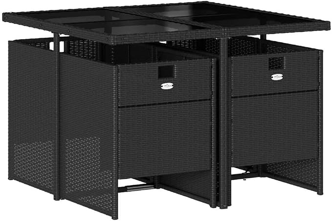5-Piece PE Rattan Patio Dining Set, Black and Cream White | Includes a 4-person table and chairs with washable cushions, suitable for backyard, balcony, and poolside dining.