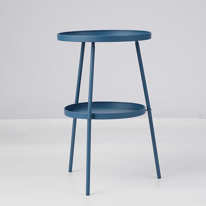 2 Tier Patio Side End Table, Round Metal Lawn Bistro Portable Leisure Standing Coffee Table, Outdoor or Indoor Tray for Living Room Bedroom Balcony Poolside and Office (Navy Blue)