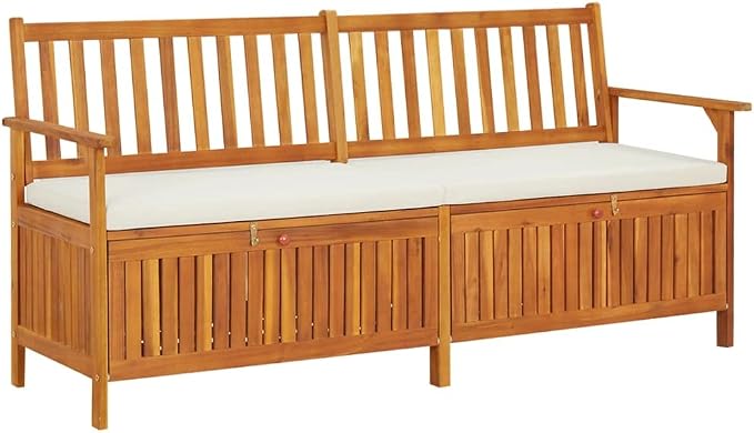 Patio Storage Bench with Cream White Cushion, Outdoor Wooden Deck Box, Solid Wood Patio Furniture for Outdoor Cushions, Pool Storage and Garden Tools, 66.9"x24.8"x33.1", -334