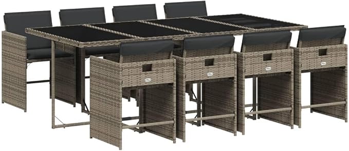 9-Piece Patio Dining Set with Cushions Gray Poly Rattan Outdoor Furniture Set for Backyard Garden Balcony Porch