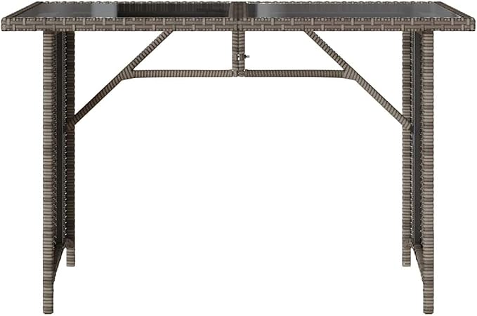 Modern Outdoor Dining Table with Tempered Glass Top and Grey PE Rattan Frame on Powder Coated Steel Base for Patio Garden