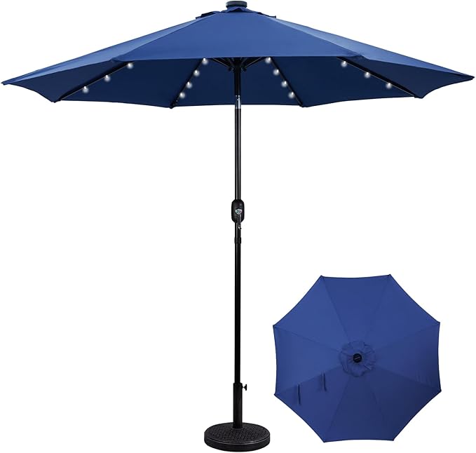 Backyard Expressions 9FT Solar Patio Umbrella with 32 LED Lights, UPF50+ UV Protection, Fade-Resistant Fabric, Easy Tilt & Crank, Outdoor Umbrella for Patio, Deck & Pool (Base Not Included)