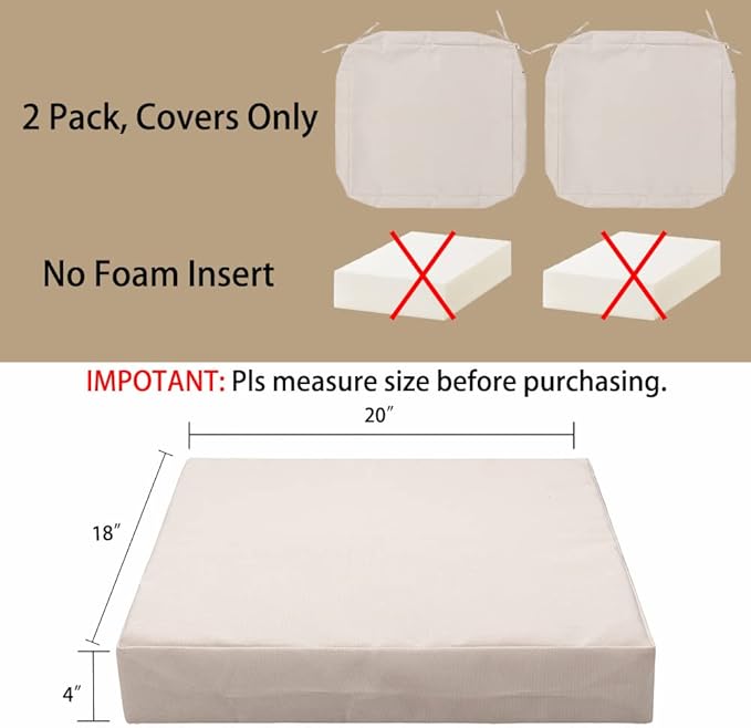 Magpie Fabrics Indoor Outdoor Patio Replacement Cushion Cover with Ties 2 Pack, Loveseat Chair Couch Slipcover Water Repellent UV Resistant Decor for Home Garden(Recycled Cream White, 20x18x4 Inch)