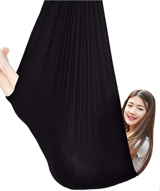 360° Rotating Elastic Aerial Yoga Hammock Outdoor Indoor Swings Aerial Yoga Sensory Therapy Cuddle Swing Soft Elastic Parcel Steady Seat Swing (Color : Black, Size : 150x280cm)
