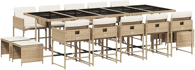 15-Piece Outdoor Dining Set, Beige Poly Rattan Patio Table and Chair Furniture for Garden, Backyard, Deck, Seats 14 Guests
