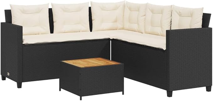 Patio Sofa with Table and Cushions, Outdoor Dining Sets Porch Furniture Set Patio Conversation Set Front Porch Furniture for Poolside Garden Exhibition L-Shaped Black Poly Rattan
