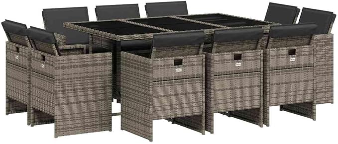 11 Piece Patio Dining Set with Cushions Gray Poly Rattan Outdoor Table and 10 Chairs for Garden Backyard Deck, Folding Chairs, Tempered Glass Top, UV-Proof, Max Load 242.5 lb Per Seat