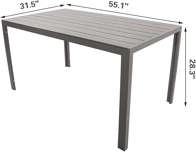 Outdoor Patio Dining Table, Lightweight Aluminum Frame Rectangle Table for 6, PS Table Top Heavy Duty Patio Furniture for Garden, Picnic Table Easy Install Indoor Outdoor Grey