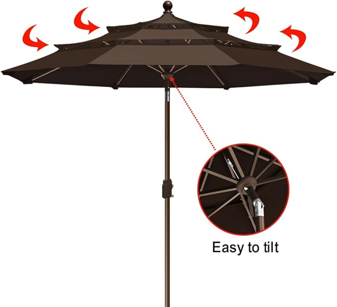 EliteShade USA 10-Year-Non-Fading 9ft 3-Tier Market Patio Umbrella, Commercial Grade Outdoor Table Umbrella with Crank Open, Windproof & UPF 50+ UV Protection, Heavy Duty Ventilation for Garden, Deck, Pool, Backyard, Beach & Bistro, Chestnut