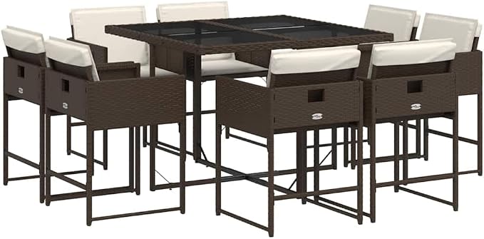 9 Piece Patio Dining Set with Cushions Brown Poly Rattan Outdoor Rattan Furniture Set for Garden Backyard Deck, Tempered Glass Table and 8 Folding Chairs with Cream White Cushions UV Proof