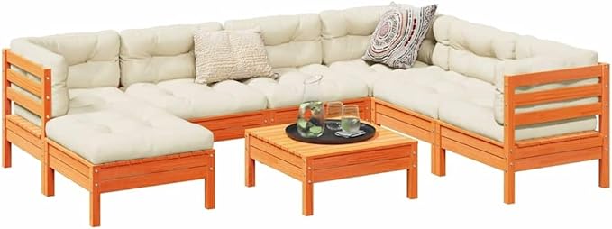 8 Piece Patio Conversation Set Wax Brown Solid Pine Modular Outdoor Sofa with Cream Cushions 24.8x24.8x24.6 in for Garden Balcony Porch Backyard