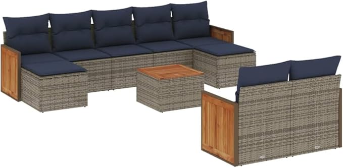 vidaXL Patio Sofa Set with Cushions 10 Piece, Outdoor Conversation Set, Patio Sectional Sofa for Balcony Garden, Modern Style, Gray Poly Rattan