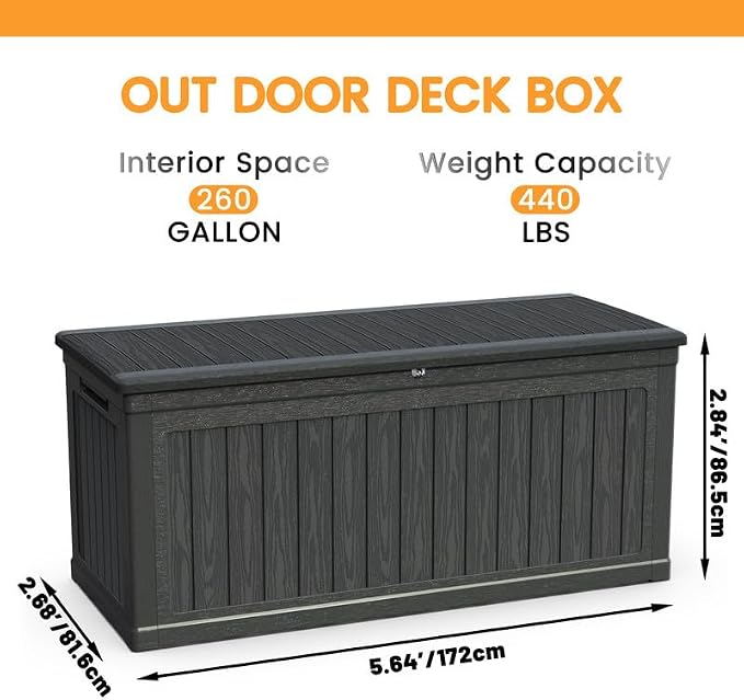 260 Gallon Outdoor Storage Deck Box - Waterproof Resin with Lock, Heavy Duty Storage for Patio Furniture, Cushions, Garden Tools & Pool Equipment