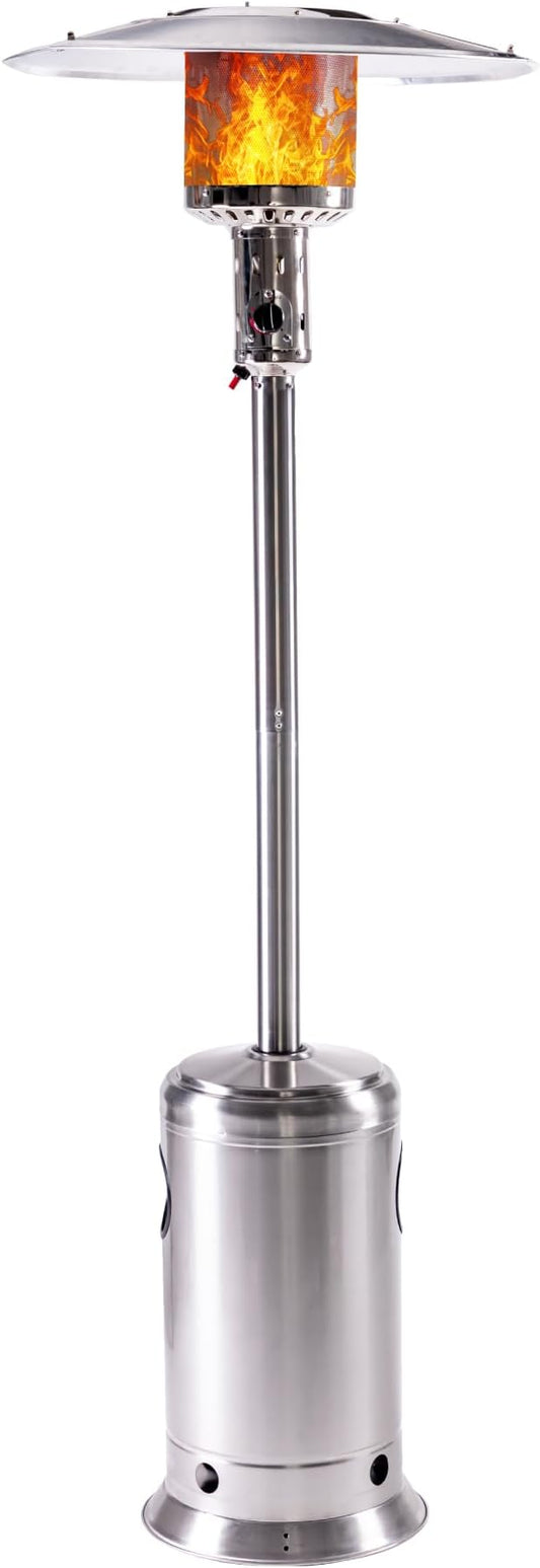 HEXAGO Outdoor Propane Patio Heater, 47,000 BTU Stainless Steel Standing Heater with Wheels, One-Touch Ignition & Adjustable Heat Control, Safety Auto Shut-Off System for Garden, Backyard & Restaurant