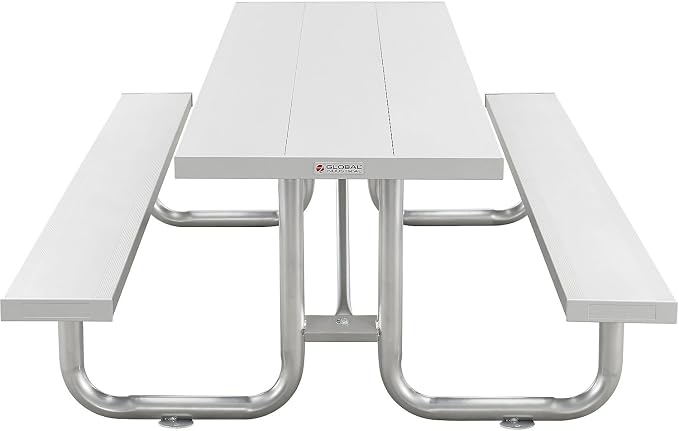 Global Industrial 8'L Heavy-Duty Outdoor Picnic Table, Anodized Aluminum with Steel Frame, 1400 Lbs Capacity, 96" L x 62" W x 30" H Overall, Portable or Surface Mount