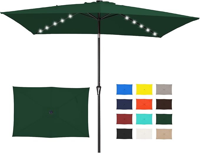JEAREY 6.5x10 ft Rectangular LED Lighted Patio Umbrellas Outdoor Solar Table Market Umbrella w/Push Button Tilt/Crank, 6 Sturdy Ribs, UV Protection Waterproof Sunproof(Dark Green)