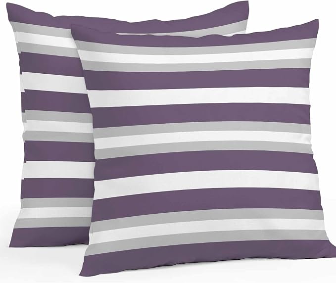 Throw Pillow Covers 16x16 Inch Set of 2, Purple Grey Stripe Waterproof Outdoor Pillow Covers, Minimalist Farmhouse Striped Decorative Cushion Pillowcases for Couch, Sofa, Bed, Garden, Patio