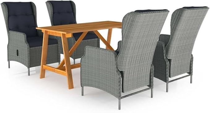 BOWERY HILL 5-Piece Weather-Resistant Patio Dining Set, Light Gray Rattan Chairs and Black Acacia Wood Table, Adjustable Reclining Seats, Removable Cushions, Modern Garden or Backyard Outdoor