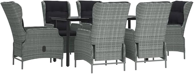 7 Piece Patio Dining Set with Light Gray Poly Rattan, Tempered Glass Table, and Adjustable Chairs for Garden