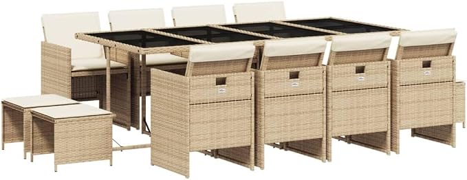 13 Piece Outdoor Patio Dining Set with Cushions, Beige Poly Rattan Garden Table and 8 Folding Chairs with 4 Stools, Space-Saving Tempered Glass Dining Set for Backyard, Lawn, Deck Entertaining