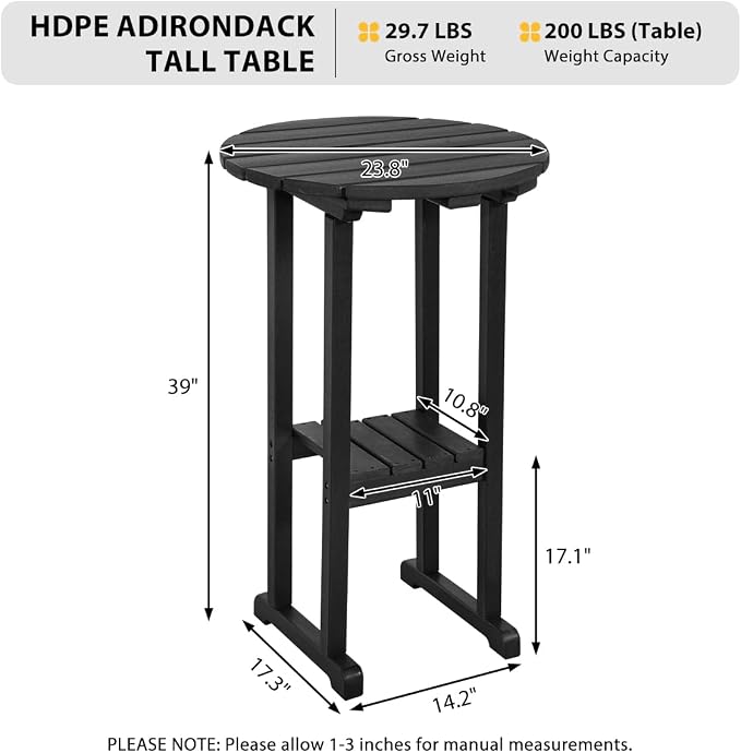Sundale Outdoor 39 Inches Height Adirondack Bar Table, Patio HDPE Pub Height Round, All Weather High Top Bistro Table for Outside Deck Porch Balcony Poolside, Black