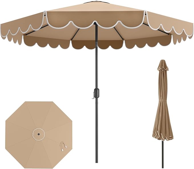 RELAX4LIFE 10 FT Scalloped Patio Umbrella, Market Table Umbrella with Push Button Tilt, Crank, 8 Sturdy Metal Ribs, Vented Top, Sun-Protective Ruffled Canopy, Heavy-duty Outdoor Parasol for Garden Poolside Deck