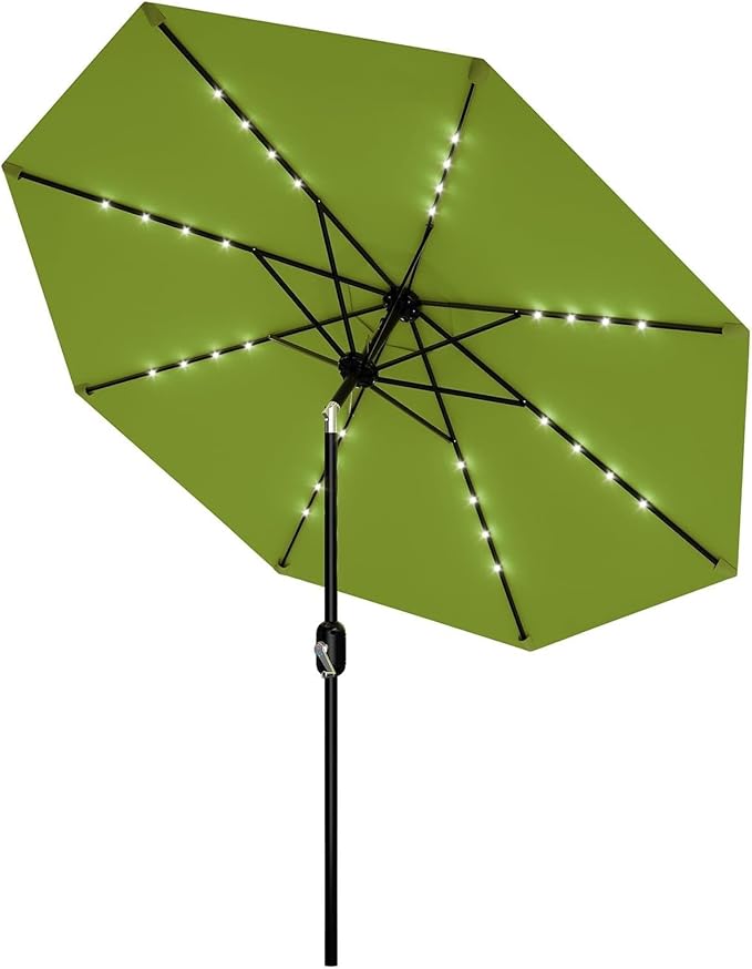Garvee 9 FT Patio Umbrella with Solar Lights, Outdoor Table Umbrella with 8 Durable Ribs, Tilt & Crank Mechanism, Waterproof & UV Protection for Garden, Backyard, Poolside, Green