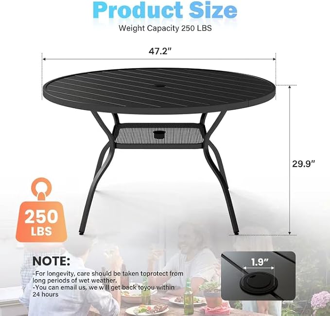 47.2 Inch Round Patio Table for 4 with Adjustable Umbrella Hole, Rust-Resistant Metal Frame, Outdoor Dining Table All-Weather for Backyard, Garden, Lawn, Poolside, and Outdoor Café Use – Black