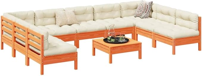 10 Piece Patio Sofa Set with Cushions, Patio Conversation Set Outdoor Dining Sets Sectional Sofa Porch Furniture Set for Piazza Exhibition Garden Poolside Wax Brown Solid Wood Pine