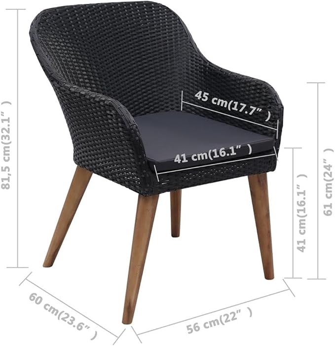 Afuera Living Contemporary Outdoor Dining Set, Black and Dark Gray Finish, PE Rattan with Powder-Coated Steel Frame, 78.7 x 39.4 x 29.1 in Table, Seats 6, Cushioned Chairs, Modern Patio Furniture for