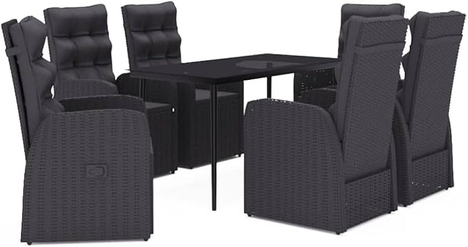 7 Piece Patio Dining Set with Cushions, Black PE Rattan Outdoor Dining Table and 6 Reclining Chairs, Glass Top Wicker Furniture Set for Garden Yard Backyard