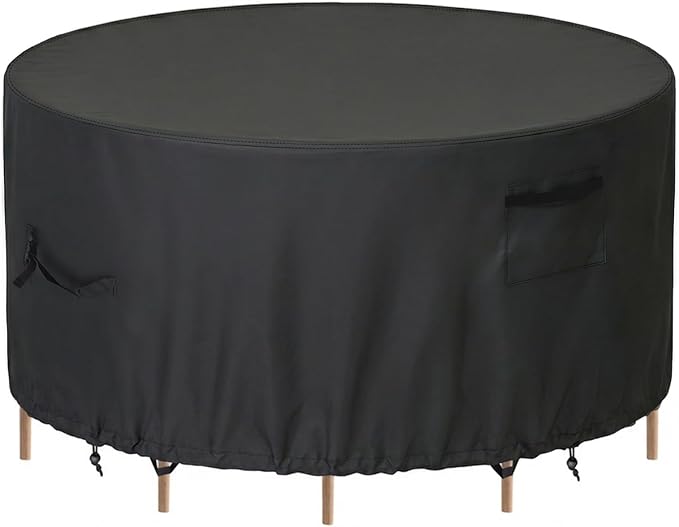 Haige Round Patio Furniture Cover 54" Dia x 28" H, 600D Waterproof Outdoor Table & Chair Set Cover, Heavy Duty, Windproof, UV Resistant, Fade-Proof, with Air Vents & Drawstring, Black