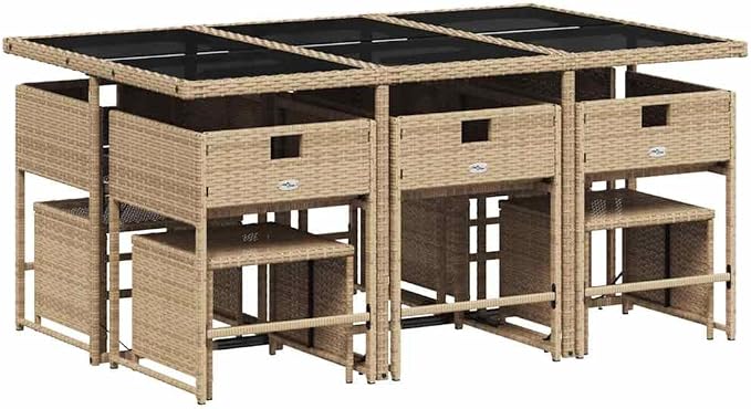 11 Piece Patio Dining Set with Cushions Beige Poly Rattan Outdoor Furniture Table and 6 Chairs with 4 Stools Foldable Space Saving for Garden Backyard Relaxing