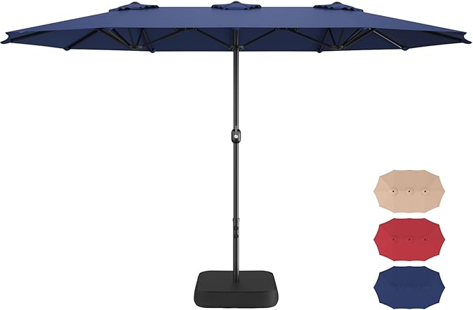 ONBRILL 15ft Patio Umbrella with Base Included, Extra Large Shade Area, Double Sided Rectangle Umbrella with Crank Handle for Poolside, Garden, Yard, Blue (Blue)