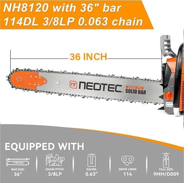 NEO-TEC NH8120 Chainsaw Gas 120cc Gas Powered Chainsaw with 36 Inch Bar, 8.4hp 6.2kw Big Large 2-cycle Motosierra De Gasolina for Extreme Logging Cutting, All Parts Fit for Husqvarna 3120 Xp
