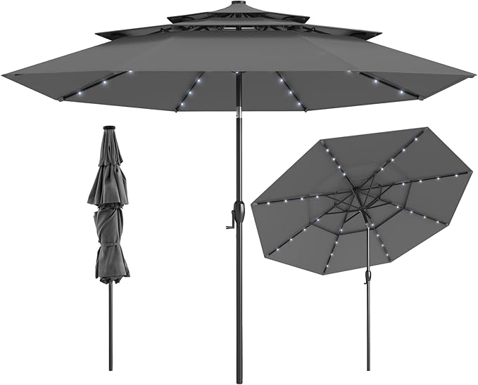 Tangkula 10 FT Solar LED Patio Umbrella, 3-Tier Vented Outdoor Market Table Umbrella with 32 LED Lights, Tilt Adjustment, Crank Handle, 8 Ribs for Backyard Pool Deck (Gray)