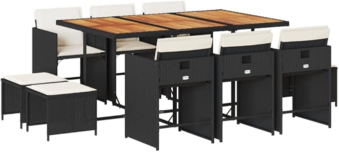 11 Piece Patio Dining Set with Cushions Black Poly Rattan Outdoor Garden Furniture Table 6 Chairs 4 Stools Space Saving Foldable UV Proof