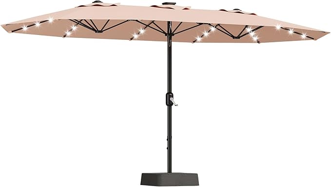 15FT Outdoor Patio Umbrella,Double-Sided Rectangle Market Umbrella with 36 LED Solar Lights & Base,UV50+ Weather-Resistant Oversized Outdoor Umbrella,Crank Lift,3-Way Shade for Pool,Garden,Backyard