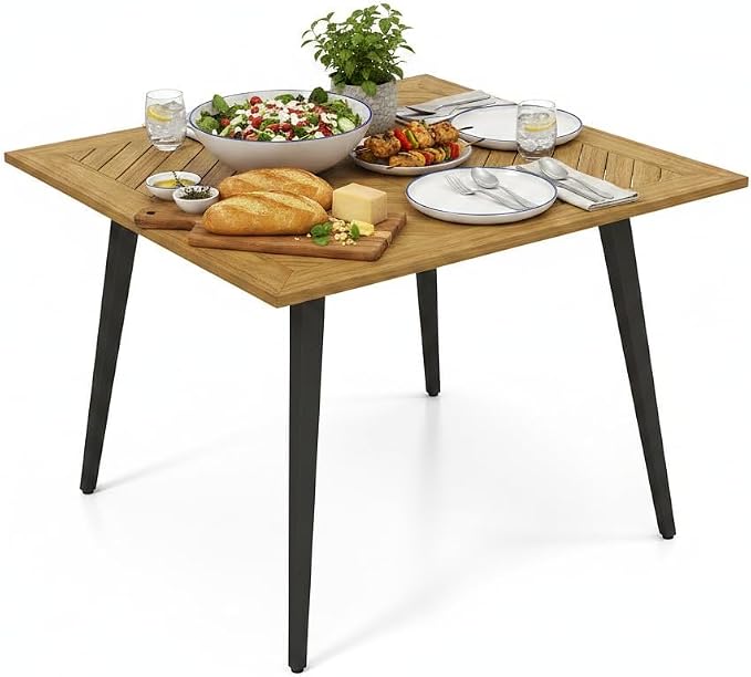 Tangkula 42.5" Acacia Wood Outdoor Dining Table for 4, Patio Table with 1.9" Umbrella Hole, Metal Legs & Adjustable Foot Pads, 4-Person Outside Table for Garden, Poolside & Backyard