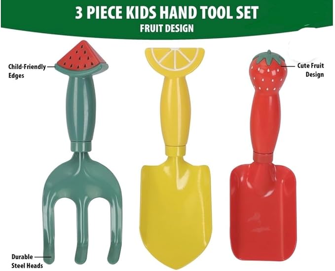 Kids 3-Piece Hand Tool Gardening Set, Fruit Design, Durable Steel Heads with Child-Friendly Edges