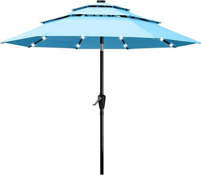 ABCCANOPY 3-Tiers 11FT Solar Patio Umbrella, Outdoor Umbrella with 32 LED Lights for for Deck, Pool, Garden, Backyard (Turquoise)