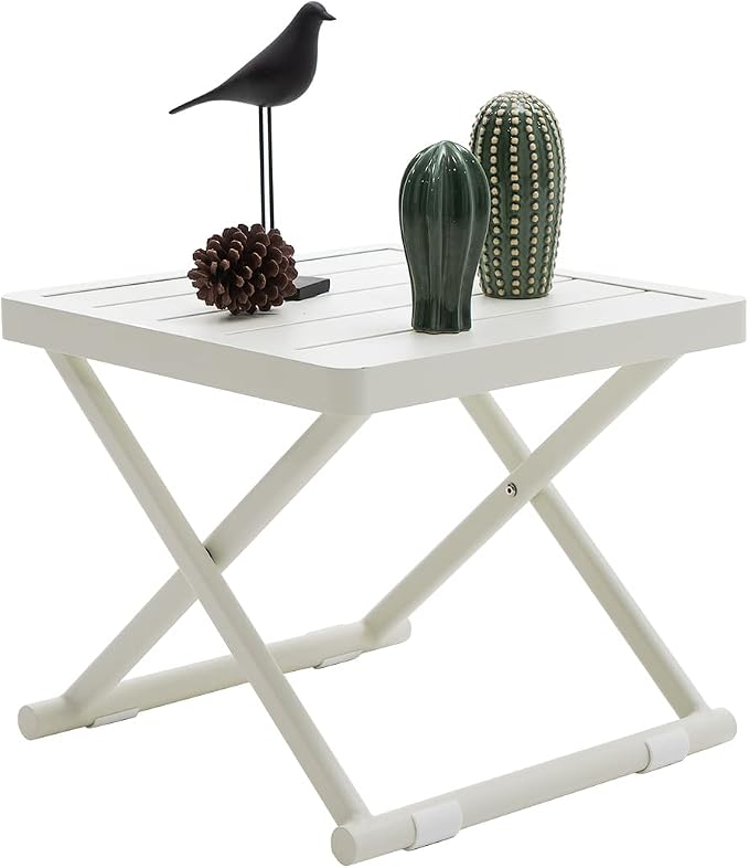 Outdoor Folding Table for Patio Square Side Table for Camping and Picnics Portable Aluminum Tables Foldable Small End Table, Creamy White