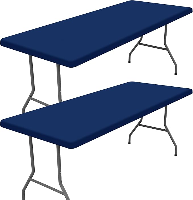 Moosfor Spandex 6 Foot Rectangle Table Cloth 2 Pack, Elastic Fitted Tablecloths for Picnic, Stretch Washable Patio Table Cover for Outdoor, Camping, Banquet and Parties (Navy, 18"x72")