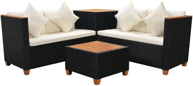 vidaXL Patio Furniture Set 4 Piece, Patio Conversation Set with Cushions, Outdoor Sectional Sofa with Coffee Table for Garden, Poly Rattan Black