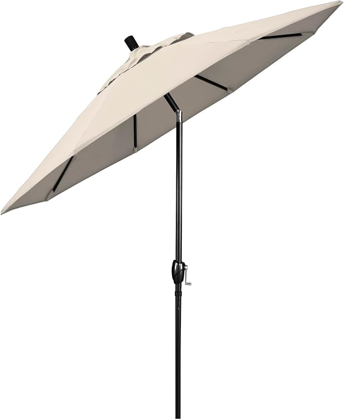 California Umbrella 9' Round Aluminum Market Umbrella, Crank Lift, Push Button Tilt, Black Pole, Antique Beige Olefin